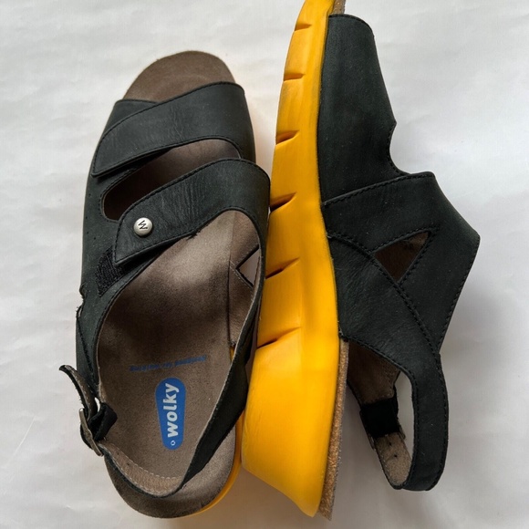 Wolky Leather Sandals 2 Strap Comfort Hook & Loop Black Yellow 41 US Size 9 1/2 - Picture 5 of 8